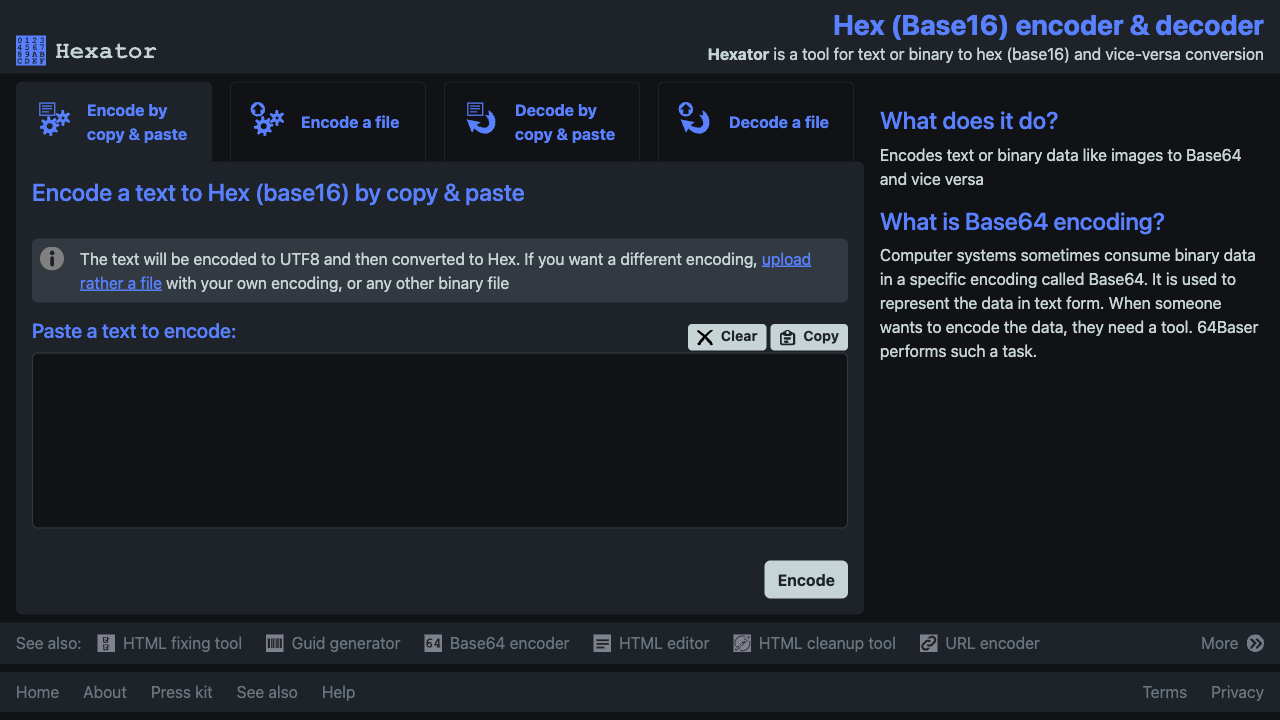 Screenshot of Hexator, www.hexator.com