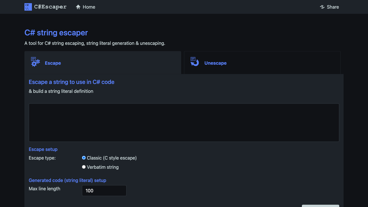Screenshot of C#Escaper, www.csharpescaper.com