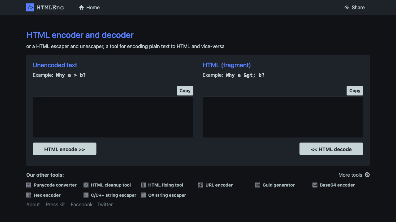 Screenshot of HTML Enc, www.htmlenc.com