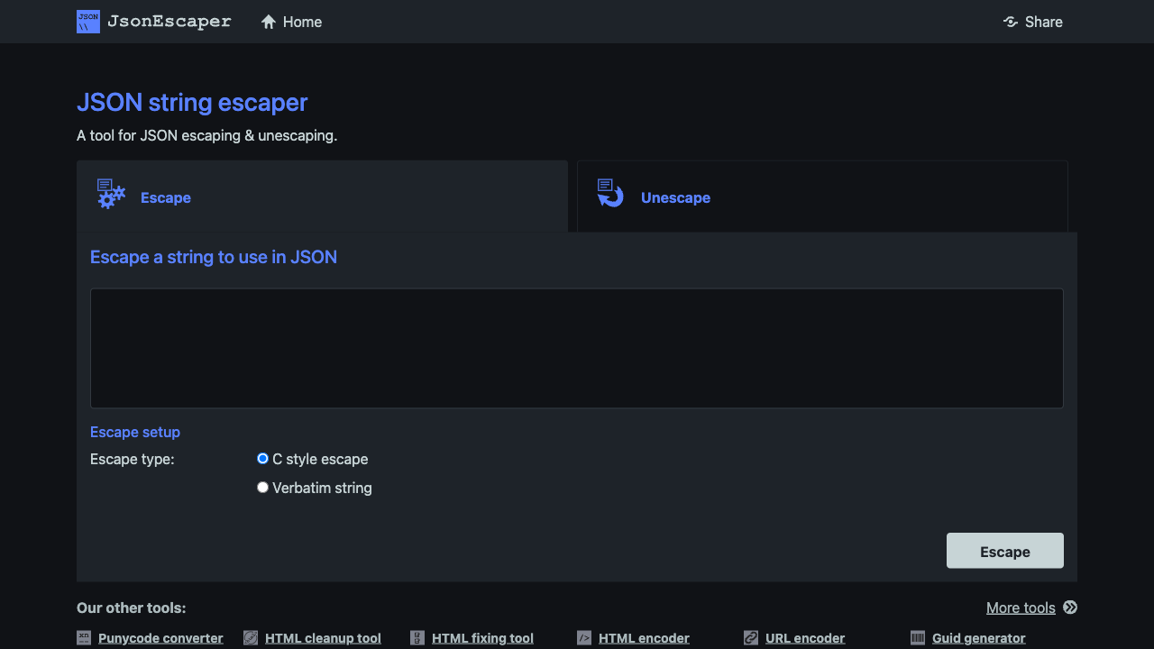 Screenshot of JsonEscaper, www.jsonescaper.com